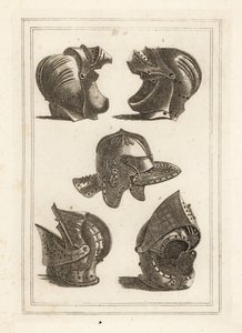 Hjälm från John de Courcy, Earl of Ulster 1,2, Oliver Cromwells huvudstycke 3, lutande hjälm 4,5 av Unbekannt