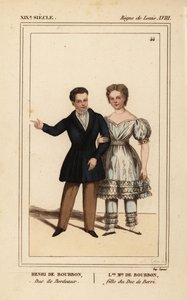 Henrik, greve av Chambord, hertig av Bordeaux 1820-1883 och Louise Marie Therese av Artois, dotter till hertigen av Berry 1819-1870. Handkolorerad litografi av Madame Calon från Le Bibliophile Jacob aka Paul Lacroix Costumes Historique de la France (Histor av Unbekannter Künstler