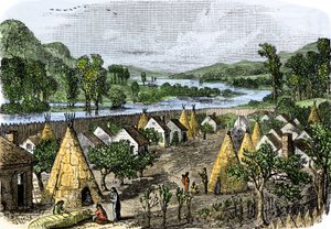 Ursprungsbefolkningens historia: Mohawk Village, New York, cirka 1780. Färgrik gravyr från 1800-talet. av Unbekannter Künstler