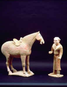 Häst och en tjänare, kinesisk, Tang-dynastin (618-906) (terrakotta) av Unbekannt