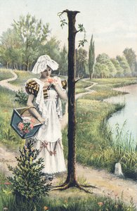 I: En stående kvinna i klänning, förkläde och huvudbonad håller en korg på sin högra arm. Landsdekor - Alfabettecken Ref Th. E., L. Theochrom - Serie 994. Theodor Eisman, förläggare, Leipzig av Unbekannt