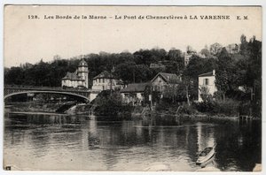 Ile de France, Val de Marne (94), La Varenne: stranden av Marne och bron Chennevieres, med chateau des Rets - Vykort daterat 1910-1919 av Unbekannt