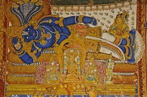 Indien, Tamil Nadu, Srirangam, Sri Ranganathaswamy Hindu Temple (original 10th Century), Väggmålning av Vishnu. av Unbekannt
