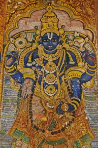 Indien, Tamil Nadu, Srirangam, Sri Ranganathasvami Hindu Temple (ursprung 1000-talet), väggmålning av Vishnu. av Unbekannt