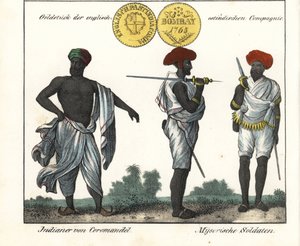 Indiska dräkter: en man från Coromandelkusten och två soldater från Mysore (eller Maissour). Med ett guldmynt från Ostindiska kompaniet. Litografi för boken: "Galerie complete en tableaux fideles des peuples d