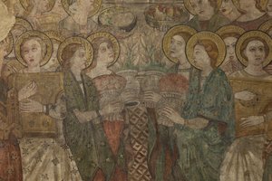 Interiör. Norra korsningen. Altare (Altar de las pinturas murales). Original från huvudkapellet. Väggmålningar (fresk?). Detalj. Slutet av 1300-talet. av Unbekannt