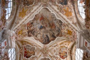 Interiörfotografi av takfresker, takmålning, klosterbasilika, klosterkyrka, Augustinerkanonernas kloster, Neustift-klostret, även kloster, Vahrn nära Brixen, Bressanone, Sydtyrolen, Italien, Europa (foto) av Unbekannter Künstler
