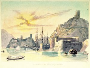 Interiörvy av hamnen i Muscat (Oman) med beskrivning av befästa byggnader och förtöjda fartyg. Överstelöjtnant Paint Charles Hamilton Smith (1776-1859) av Unbekannter Künstler