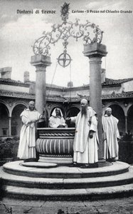 Italien, Florens, Chartreuse av Galluzzo (Certosa del Galluzzo): brunnen i det stora klostret - Vykort sent 1800- och 1900-tal av William M. Timlin