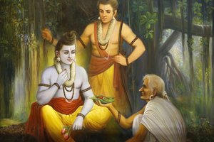 Jalaram Prathanna Hindu Temple, Leicester. Fresk. Ram Meeting Shabari Ho erbjuder mat till Ramkendra. Storbritannien av Unbekannt