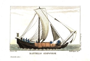 Japansk segelbåt. Illustration av Jean Louis Prevost från Jean François de Galaup, Earl of La Perouse (1741-1788) Journal. Kopparstick av dell