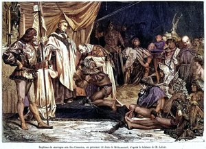 Jean de Bethencourt, normandisk gentleman, baron de Saint Martin le Gaillard, erövrade och kristnade Kanarieöarna i januari 1405, från tidskriften "Sur terre et sur mer"" nr 28, 8 januari av Unbekannter Künstler