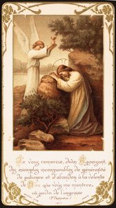 Jesus knäböjde i bön i Getsemane trädgård, en ängel presenterade en kalk för honom. Början av 1900-talet (vykort)