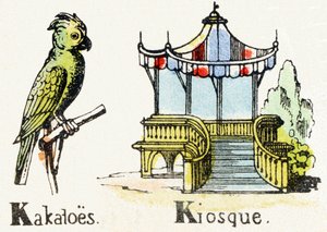 K - Kakatoes Kiosque - Child Entertainment Alphabet c.1890 (litografi) av Unbekannt