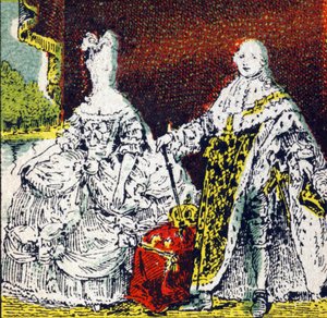 Kung Ludvig XVI av Frankrike och drottning Marie Antoinette. Gravyr i "Histoire de France". Serie reklambilder publicerade på uppdrag av Louit, 24 rue d