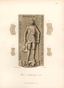 Riddare i rustning från 1400-talet, med detaljer av bindningarna på knän och armbågar - Gravsten över Peter von Stettenberg, död 1441 - Kromolitografi, teckning av Jakob Heinrich von Hefner-Alteneck (1811-1903), för hans bok "Kostymer, hantverk och instrum av Unbekannter Künstler