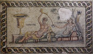Kratos (Cratos) och Euphrosyne (Euthymia) - Mosaik, Akratos och Euphrosyne, Zeugma Mosaikmuseum, Gaziantep, Region Sydöstra Anatolien, Anatolien, Turkiet, Asien av Unbekannter Künstler
