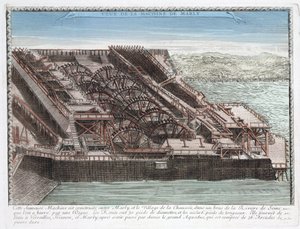 Maskinen från Marly de Rennequin som användes för att pumpa och leda Seines vatten till Versailles genom akvedukten i Marly, för att förse parkerna i slotten i Marly och Versailles. av Unbekannt
