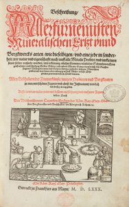Malmanalyslaboratorium, med ugn, instrument och verktyg - Titelsida från Beskrivning av malmer och huvudsakliga gruvmetoder, av Lazarus Ecker - Alchemy & Early Chemistry Titelsida från en bok om metallurgi av Unbekannt