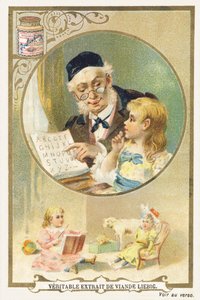 Läser med farfar. Reklamkromolitografi som föreställer en äldre person i en cirkulär ram, en liten vid hans sida. Längst ner på bilden, en sittande liten flicka omgiven av leksaker. Redigerad av Compagnie Liebig, Paris, sent 1800-tal. Dimensionera av Unbekannt