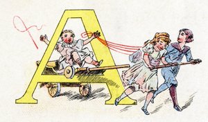 Bokstav A: Hitch Fun. Alfabetet av Phosphatine Falieres. Gravyr. Brevete-alfabetet S.G.D.G. av apotekaren Pierre Emile Falieres. Illustrationer i kromolitografi, sent 1800-tal. 16 sidor. Mått: 103x154mm av Unbekannt