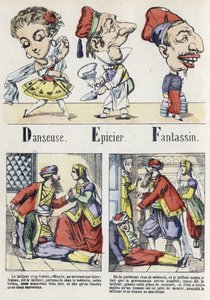 Bokstaven D, E och F: dansare, grossist och infanteri. Alfabetet i den östra berättelsen. Avbildning av Epinal, cirka 1890. Populär serie. Litet häfte på 8 sidor. Mått: 205x150mm. Stencilerade trästick på temat metier av Unbekannt