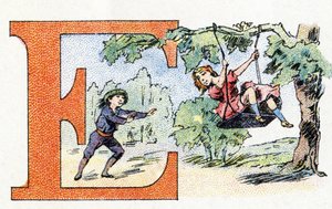 Bokstaven E: Scarpolette. Alfabetet av Phosphatine Falieres. Gravyr. Brevete-alfabetet S.G.D.G. av apotekaren Pierre Emile Falieres. Illustrationer i kromolitografi, sent 1800-tal. 16 sidor. Mått: 103x154mm av Unbekannt