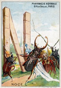 Bokstaven N som bröllop. Herr Mariniers konstnärliga alfabet. Redigerad av Henry Sicard, sent 1800-tal. Reklamkromolitografier för produkter som säljs på apotek. Mått: 12,5 x 9 cm av Unbekannt