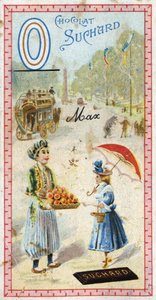 Bokstaven O: omnibus, ottoman, paraply, oriflame, orange, obelisque, björn. Gravyr av alfabetet redigerad av Chocolat Suchard, början av 1900-talet. 24 kromolitografier som representerar platser, karaktärer och föremål som ska upptäckas i bilden. Di av Unbekannt