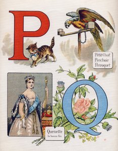 Bokstaven P och Q: liten katt, abborre, papegoja och quenet, rätt avgift. Gravyr i "ABC L