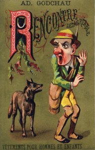 Bokstav R: Otrevligt möte. Gravyr i "Alphabet des grotesques". Serie om 25 reklamkromolitografier på en dore-bakgrund, sent 1800-tal. Mått: 11x7 cm av Unbekannt
