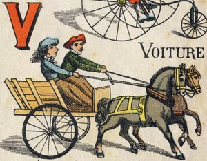 Bokstaven V för bil. Gravyr i "ABC Toys". Epinal avbildning i kromolitografi, ca 1890. Litet häfte om 8 sidor. Mått: 195x135mm, avsedd att ta emot annons i 4:e omslaget. Används hemma, det erbjuder en lysande abecedary och en liten läser mig av Unbekannt