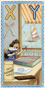 Bokstaven X: xylofonist och Y: yatagan, yacht. Gravyr av alfabetet redigerad av Chocolat Suchard, början av 1900-talet. 24 kromolitografier som representerar platser, karaktärer och föremål som ska upptäckas i bilden. Mått: 105x55mm av Unbekannt