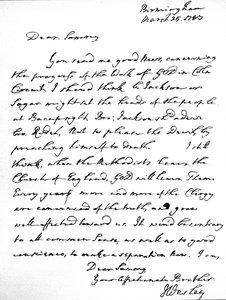 Brev från John Wesley till Samuel Bradburn, där han uttryckte sin starka åsikt att metodisterna inte borde lämna Church of England. skrivet i Birmingham den 25 mars av Unbekannt