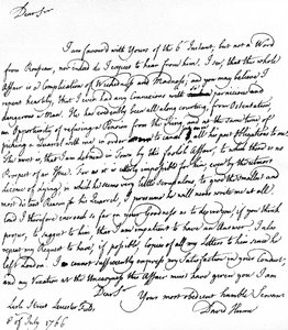 Brev skrivet av David Hume till Richard Davenport som hänvisar till de stora svårigheterna i hans förhållande till Jean-Jacques Rousseau, Rousseaus vägran att acceptera pension och hans gräl med Hume, 8 juli av Unbekannt
