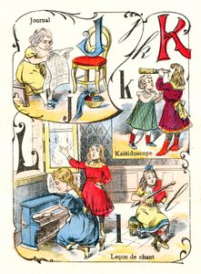 Bokstäverna J K och L som journal, kalejdoskop och sånglekon. Gravyr i "Roligt alfabet". Avbildning av Pont-a-Mousson. Tryckning och utgivning Louis Vagne, slutet av 1800-talet av Unbekannt