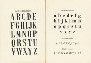 Versaler och gemener, arabiska och romerska siffror - Gravyr hämtad från ABCD av små flickor. Pellerin & Cie, tryckare-förlag, Epinal, omkring 1890. Serie A. Mått: 19 x 13,5 cm. av Unbekannt