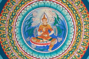 Buddhas liv. Takkonstverk som visar Buddhas liv. Wat Inpeng. Vientiane. Laos, 20151029, Vientiane, Laos av Unbekannt