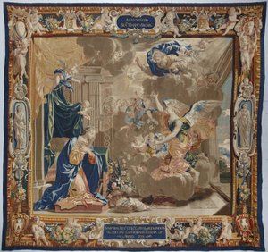 Jungfruns liv: "Bebådelsen"" Vi ser Gud och den helige Andes (Helige Ande) duva ovanför scenen - Ull- och sidenväv gjord i Pierre Damours verkstad från Charles Poersons teckningar (1609-1667) av Unbekannt