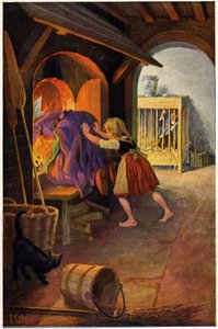 Litteratur. Saga. Hans och Gretel och häxan. Illustration av Otto Kubel till berättelsen om bröderna Grimm. Vykort, Tyskland, ca 1900 (vykort) av Unbekannter Künstler