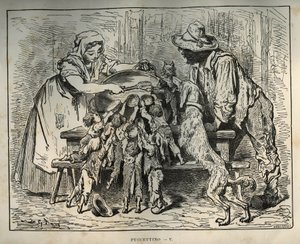 Lille Poulet och hans hungriga bröder. Gravyr av Gustave Dore (1832-1883) från "" Les contes"" av Charles Perrault (1628-1703) av Unbekannt