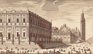 Lonja de Comercio ("Handelsbyggnad") och en delvis vy av Sevillas katedral. Gravyr. SPANIEN. MADRID (AUTONOM REGION). Madrid. Nationalbiblioteket av Unbekannter Künstler