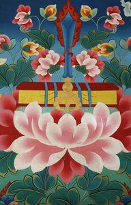 Lotusblomma, kunskapens svärd och helig text. Kopan kloster, Kathmandu, Nepal av Unbekannt