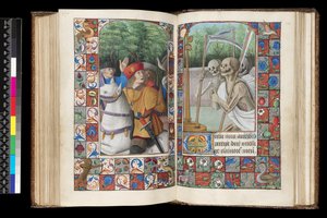 MS 92 f.132v-133r, Office of the Dead, Matins, The Three Living and the Three Dead, från en timbok, västra Frankrike, användning av Rom, 1490-1510 av Unbekannt