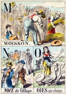 M N O : Moisson, Noce de village, Oies aux champs - "Alfabetet på gården" slutet av 1800-talet (gravyr) av Unbekannt