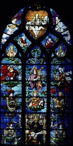Madonna och barn med änglar och porträtt som återspeglar beskydd av en lokal biskopslig beskyddare, ca 1200-talet (målat glas) av Unbekannt