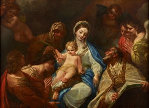 Madonna och barn, heliga och änglar av Unbekannter Künstler