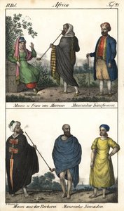 Man och kvinna från Marocko, en morisk köpman, ovan, och ett par marockaner, en morisk köpman och nedan, en berberman i kappa och ett par moriska nomader. Litografi för boken: "Galerie complete en tableaux fideles des peuples d