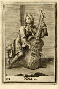 Man som spelar cello (eller "viola"). I "Gabinetto Armonico" av Filippo Bonanni, Rom av Unbekannter Künstler