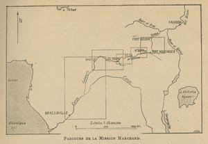 Karta som visar rutten för Marchandmissionen 1898 (litho) av Unbekannt